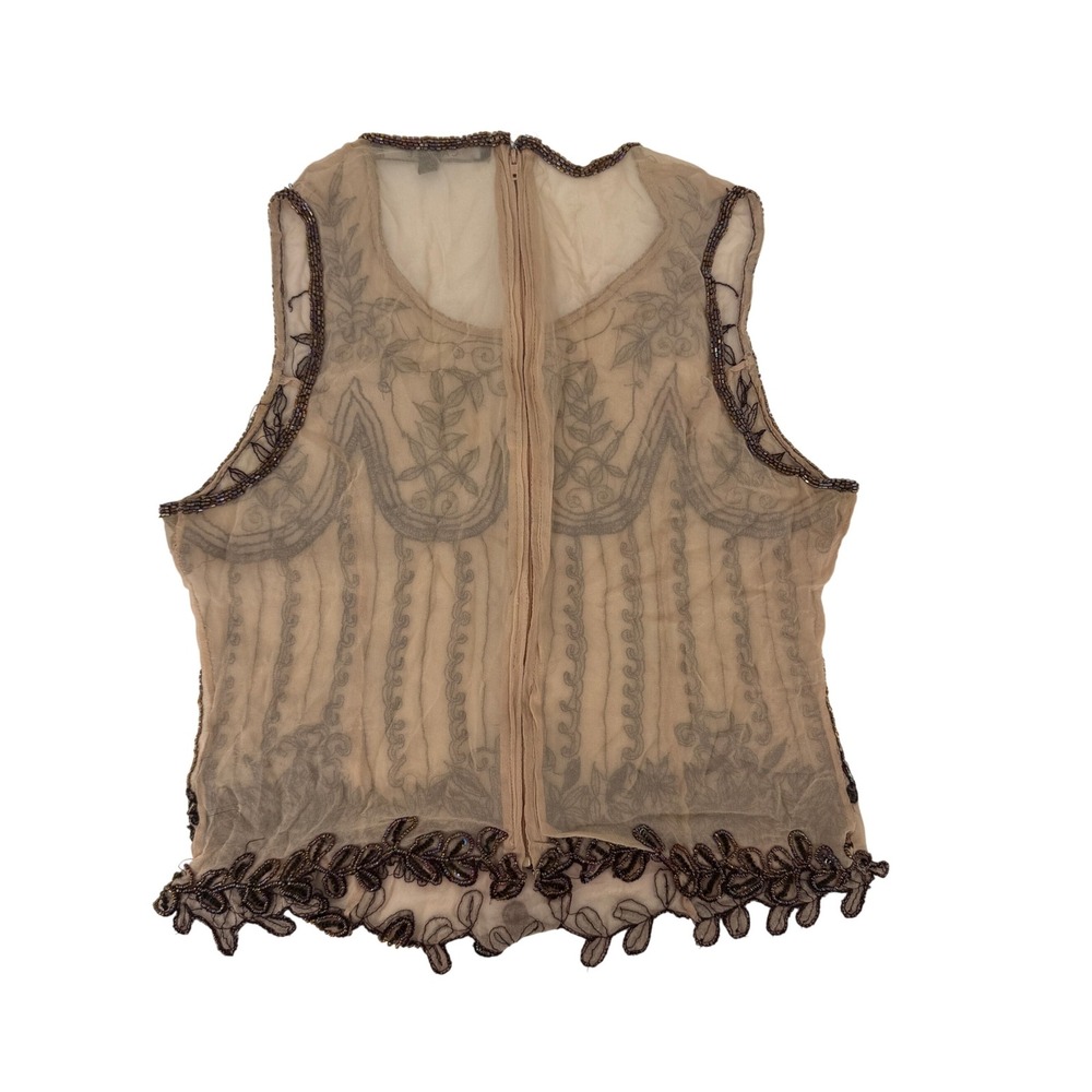 Caroll Vintage 90's French Sheer Beaded Sleeveless Blouse Peach Chiffon Boho Top - Picture 2 of 6